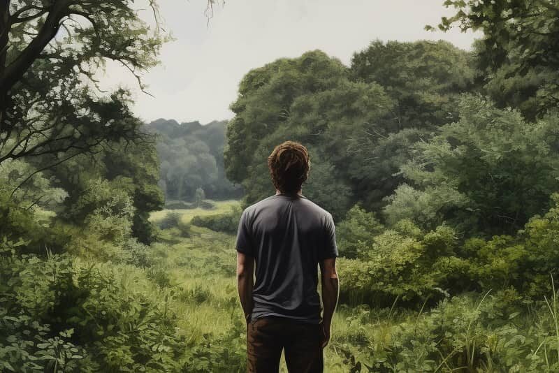 A man standing amidst a serene forest, representing a path through addiction and the difference between speed and meth.