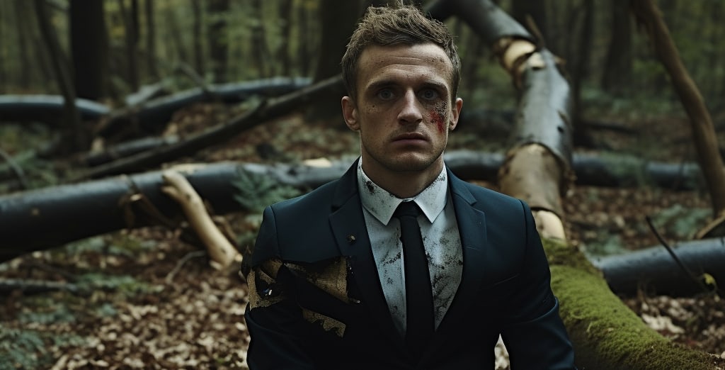 A man in a suit, symbolizing the unexpected victims of the effects of drug abuse, appears lost and disoriented amidst a dense forest.