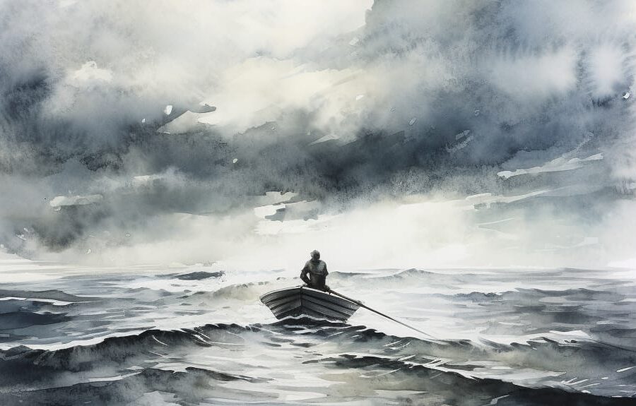 Man sailing alone on a turbulent sea, symbolizing the challenges of quitting alcohol cold turkey.