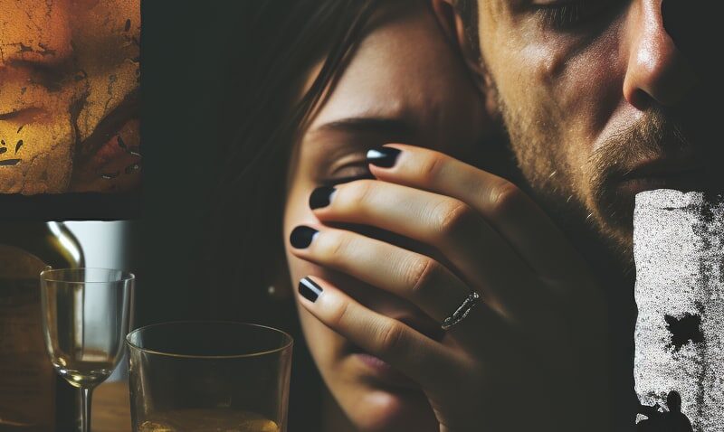 A collage showing the physical symptoms of alcohol withdrawals, including a close-up of trembling hands, a person visibly sweating, and another clutching their head in pain, highlighting the range of bodily effects experienced during withdrawal.