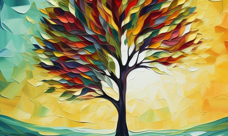 An illustration depicting a tree with multicolored leaves, symbolizing growth and diversity in the journey of quitting alcohol. In the background, a serene sunrise represents new beginnings and hope, aligning with the theme Stop Craving Alcohol