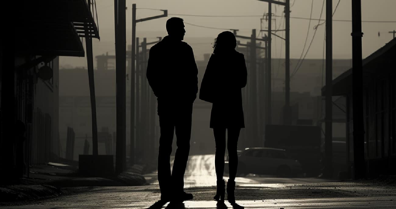 A man and woman walk down a busy city street, engaged in a heated argument, illustrating the strain an alcoholic partner can put on a relationship.