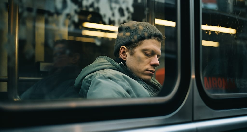 A man appearing exhausted and nodding off while seated in a subway train, symbolizing the 'Tired' aspect of the HALT acronym in the context of addiction recovery.