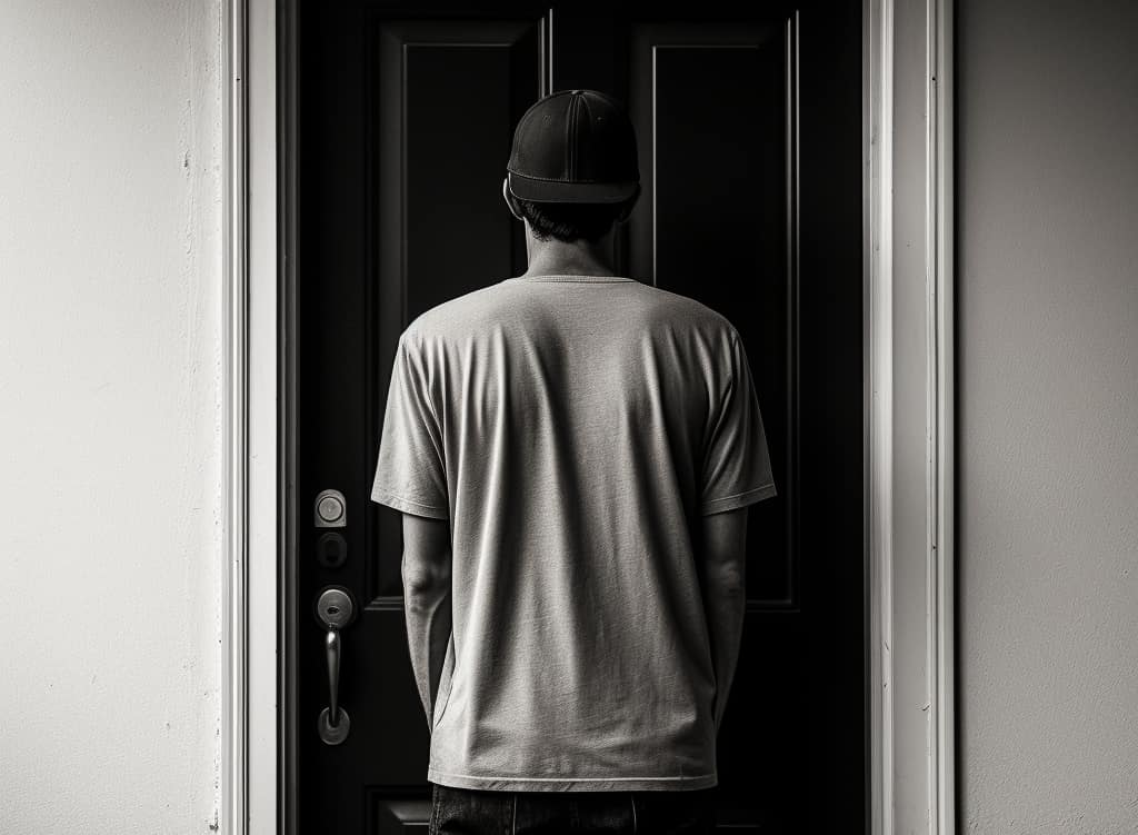 A man stands poised outside an open door, symbolizing the decision to enter inpatient detox rehab, ready to embark on a journey of recovery, with several lit candles around him, resilient against the wind, representing hope and perseverance in adversity.